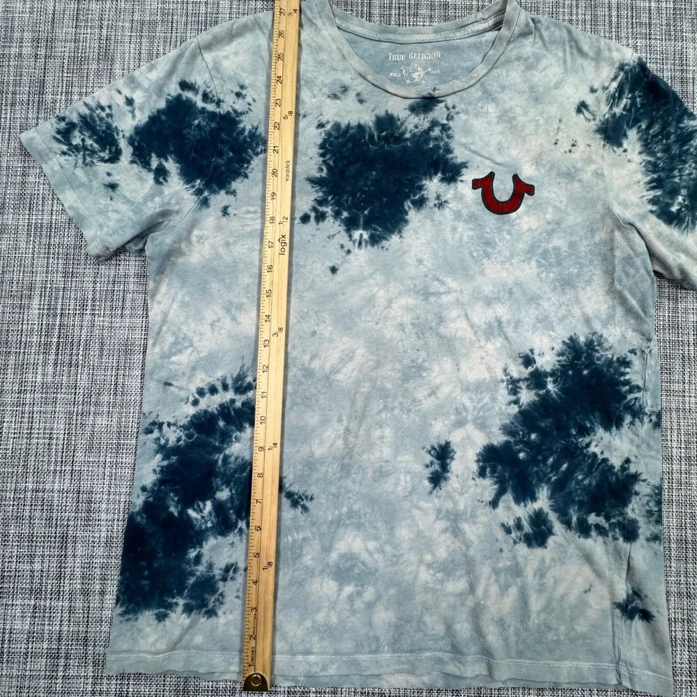 True Religion Mens T-Shirt Large Blue Tie Dye Buddha Guitar Graphic Logo Cotton